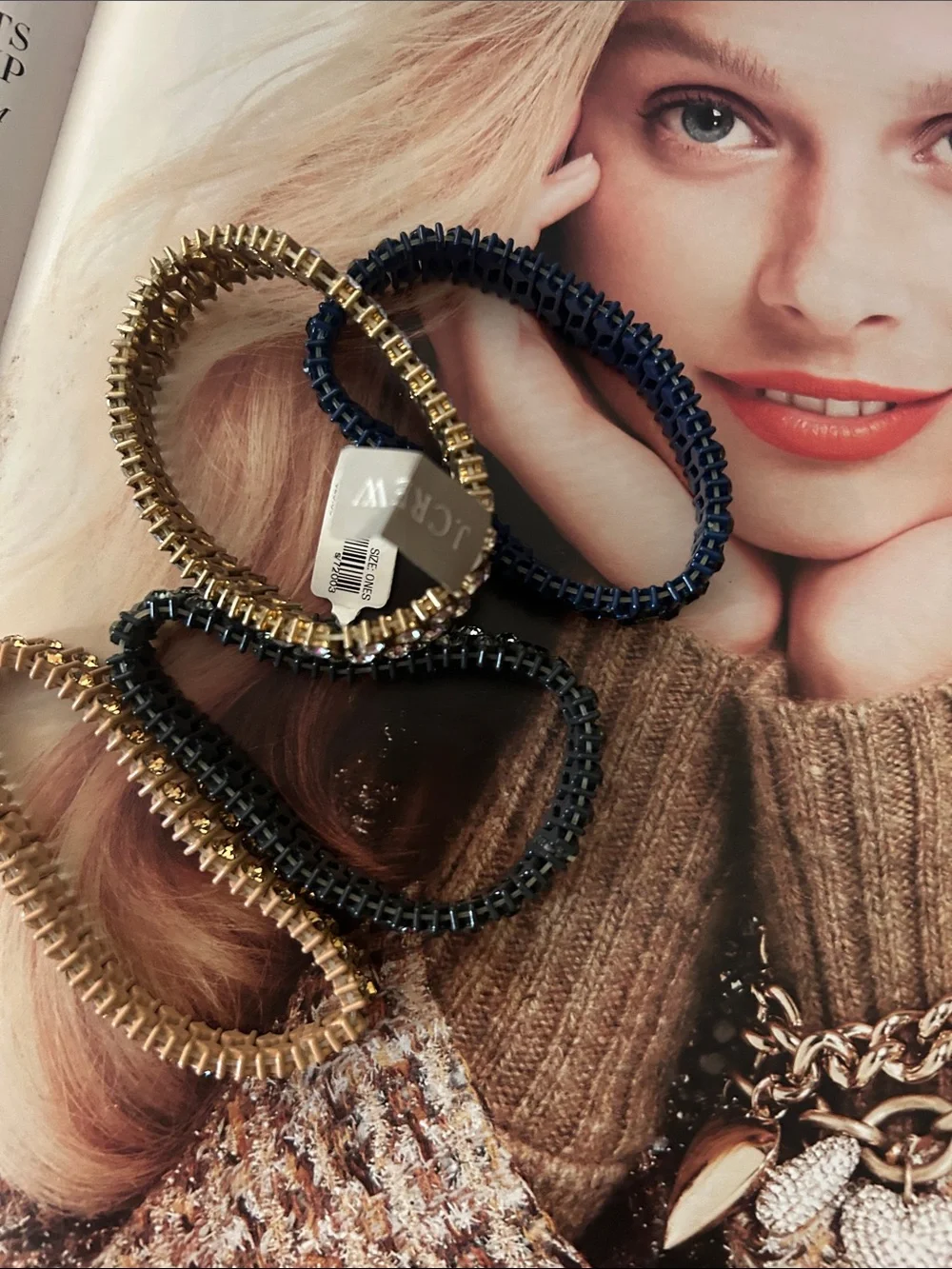 NWT J. Crew Set of 4 Rhinestone Stretch Bracelet Set Gold, Black, Navy, Crystal